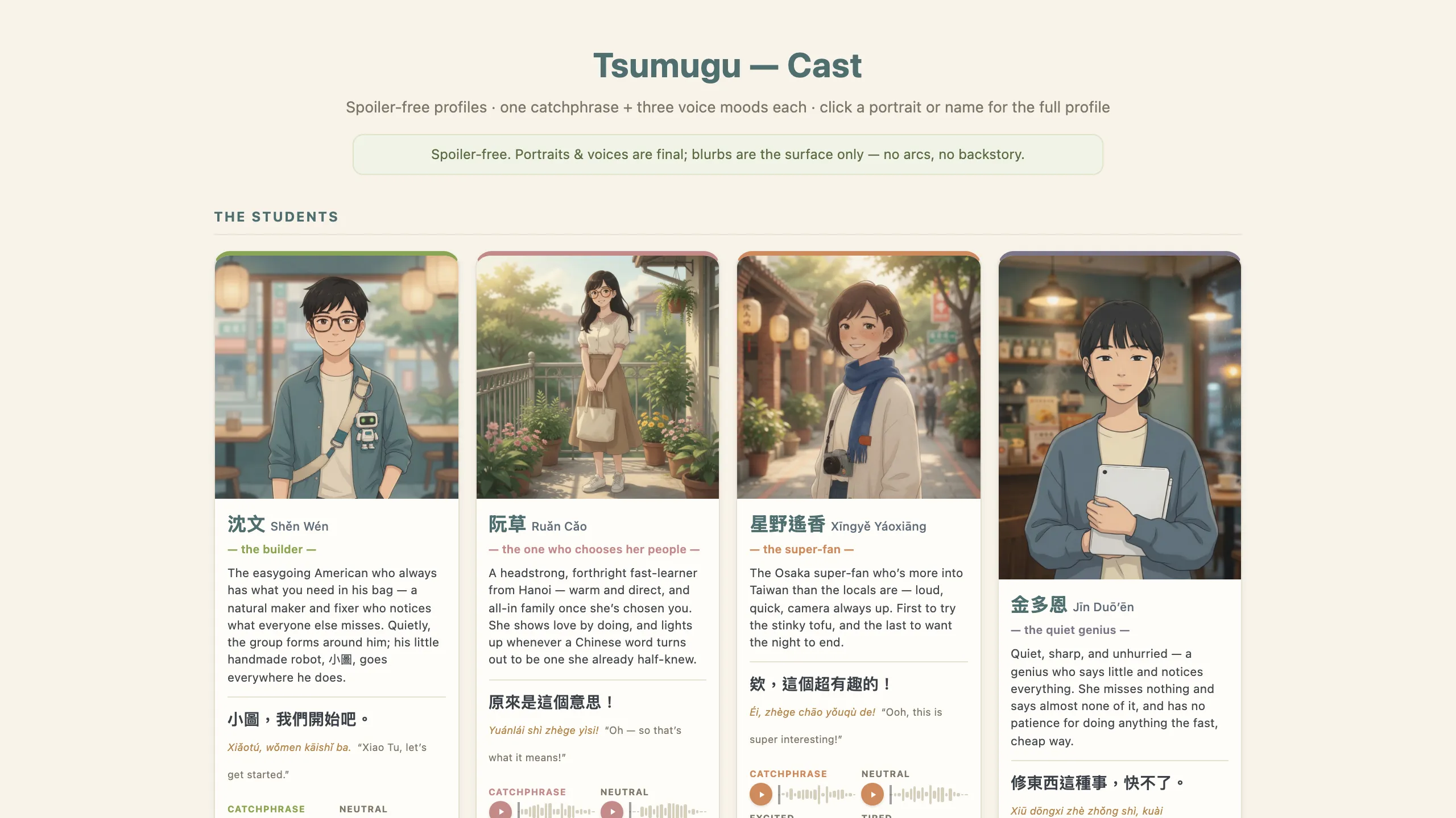 The cast page: spoiler-free profiles with locked portraits, one catchphrase and three voice moods per character; each card opens the character's own wiki page.