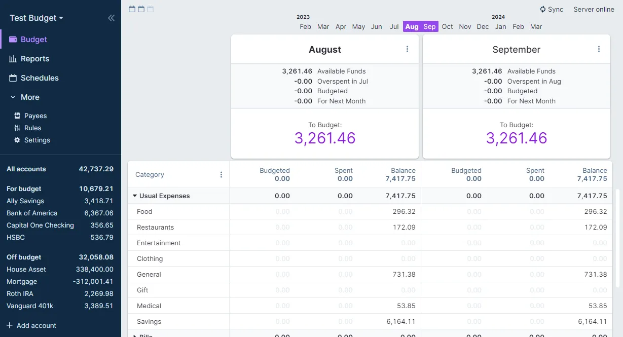 wnab ran Actual Budget's engine in the browser — shown here with Actual's generic demo data.